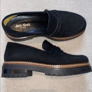 Jet Set Paris Black suede lug sole chunky penny loafer Sz 38